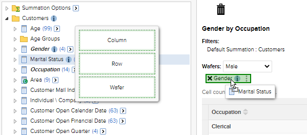 The field list and table with the Marital Status field being dragged onto an existing field in the wafers drop zone