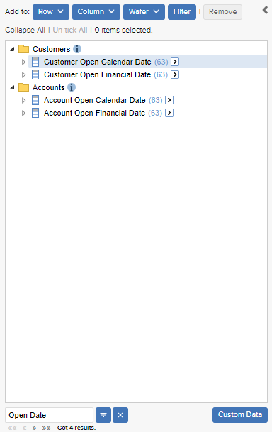 The field list for the Retail Banking dataset filtered to show only the 4 items that contain the string Open Date in the item name